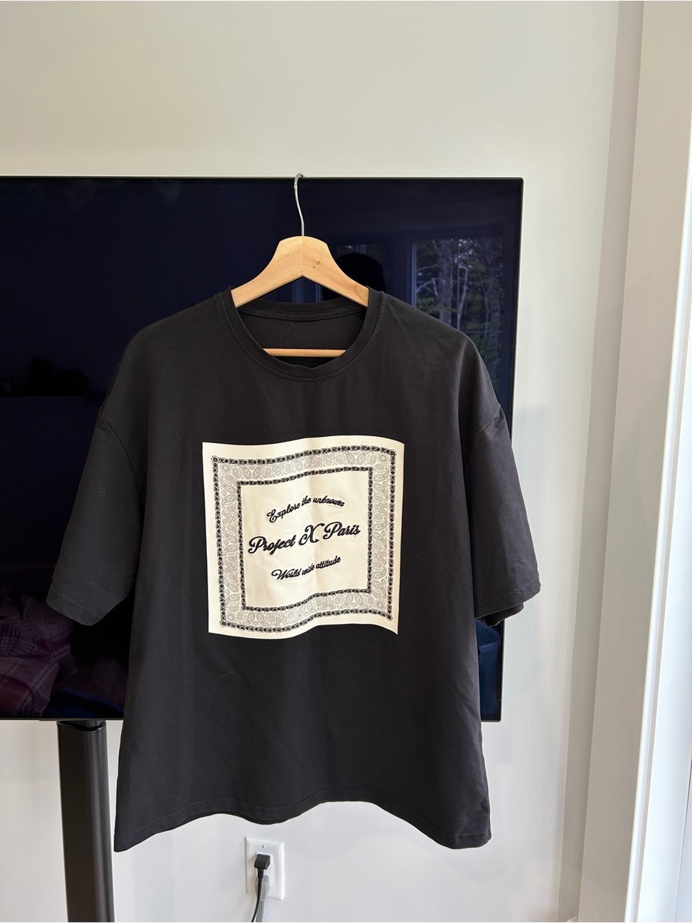 Black Graphic Crewneck T-Shirt with Beige Print